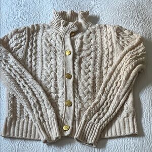 J. Crew Ivory Cable Knit Cardigan Sweater with Gold Buttons, Size Large